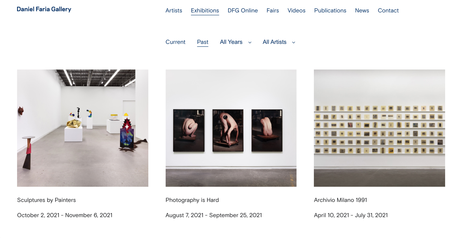 Exhibition page showing all the exhibitions in 3 columns with the ability to sort by year and artist.