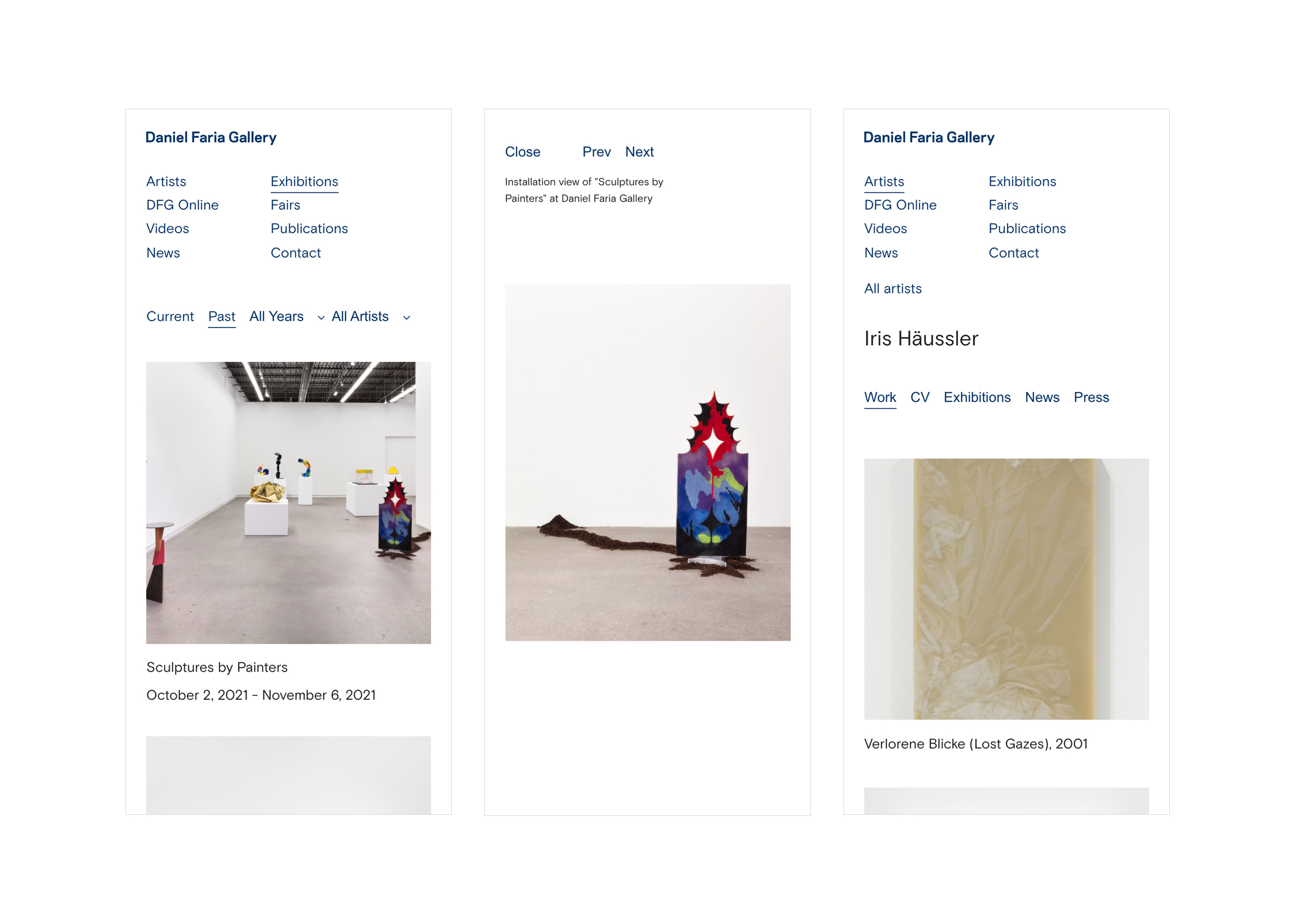 A single artist page with the ability toggle between their work, cv and exhibitions.