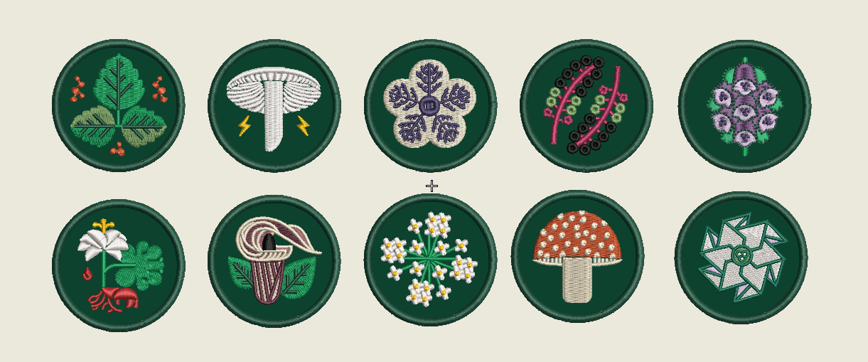10 custom embroidered patches, one for each cabin: henbane, hells bells, poison ivy, jack-in-the-pulpit, bloodroot, fly agaric, foxglove, destroying angel, pokeweed and water hemlock.