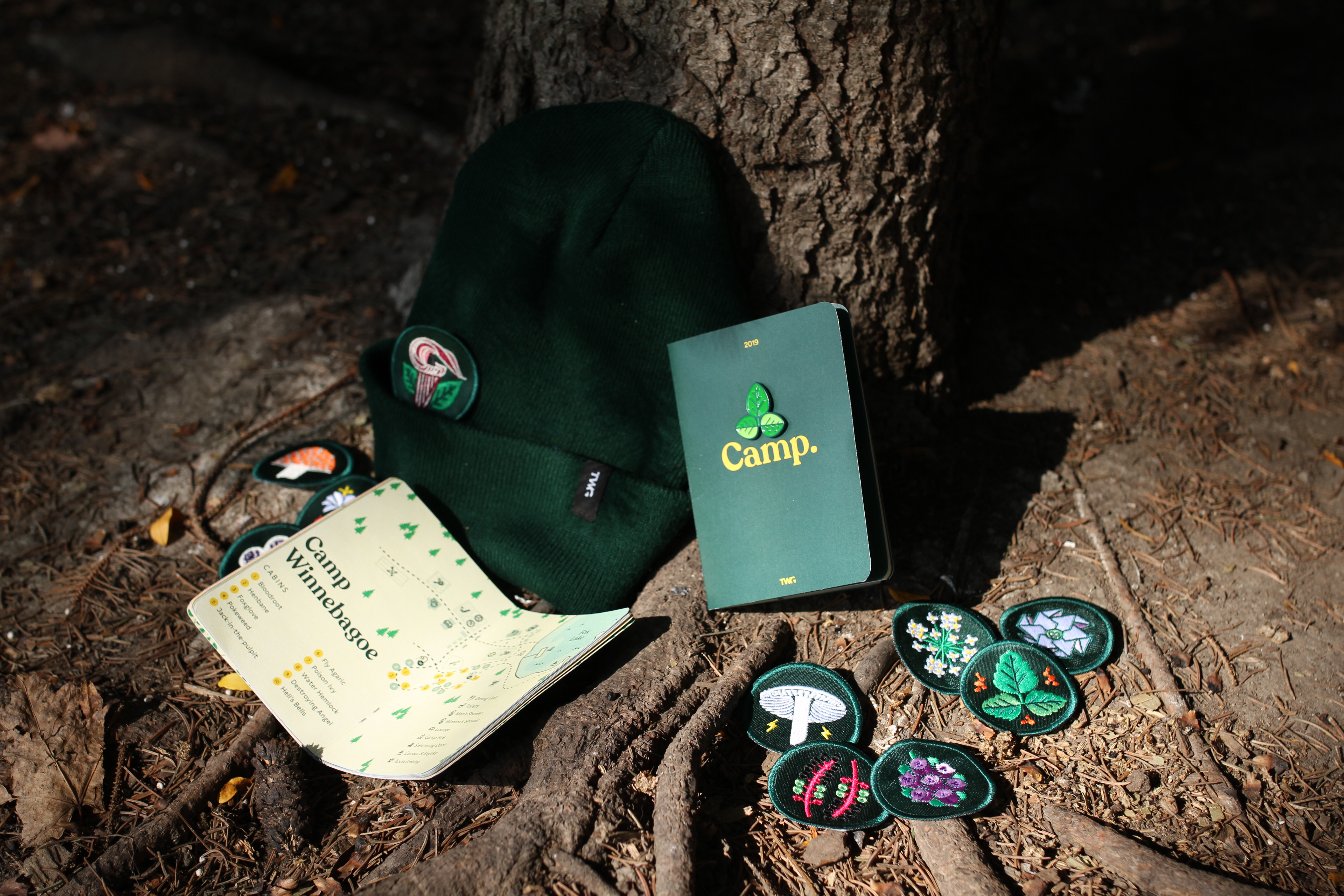 A forest green touque, a small passport sized booklet and some round embroidered patches are arranged under a tree.