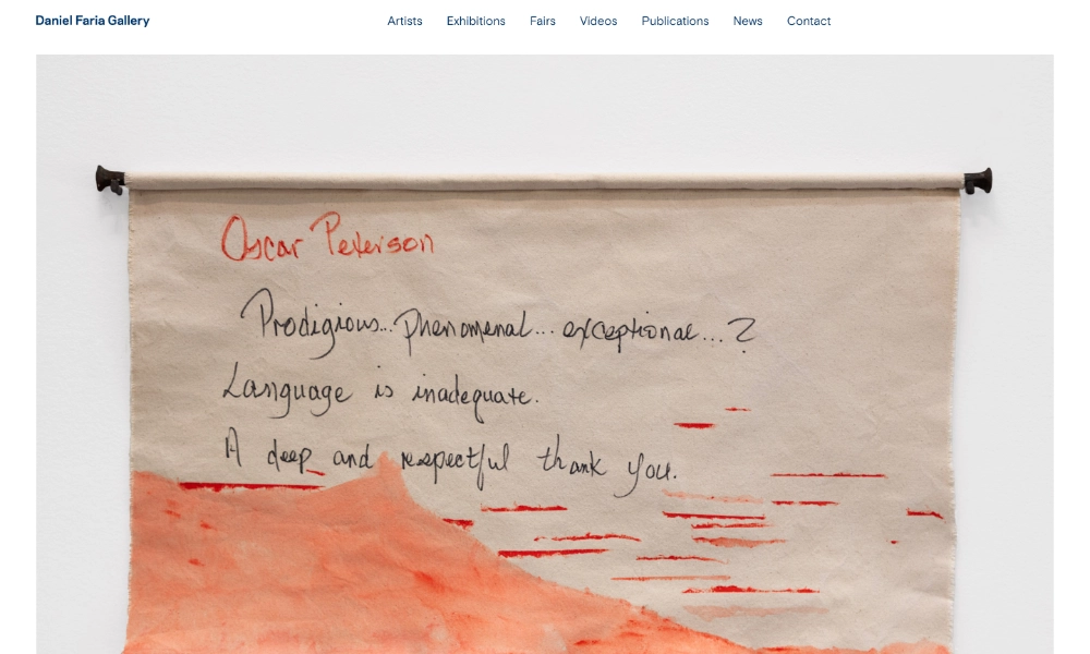 Daniel Faria Gallery’s current homepage, showing an image fro the current exhibition as well as the main navigation.