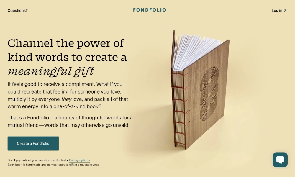 The Fondfolio website homepage, showing one of the handmade coptic-bound books on the right and some explainer text on the left.